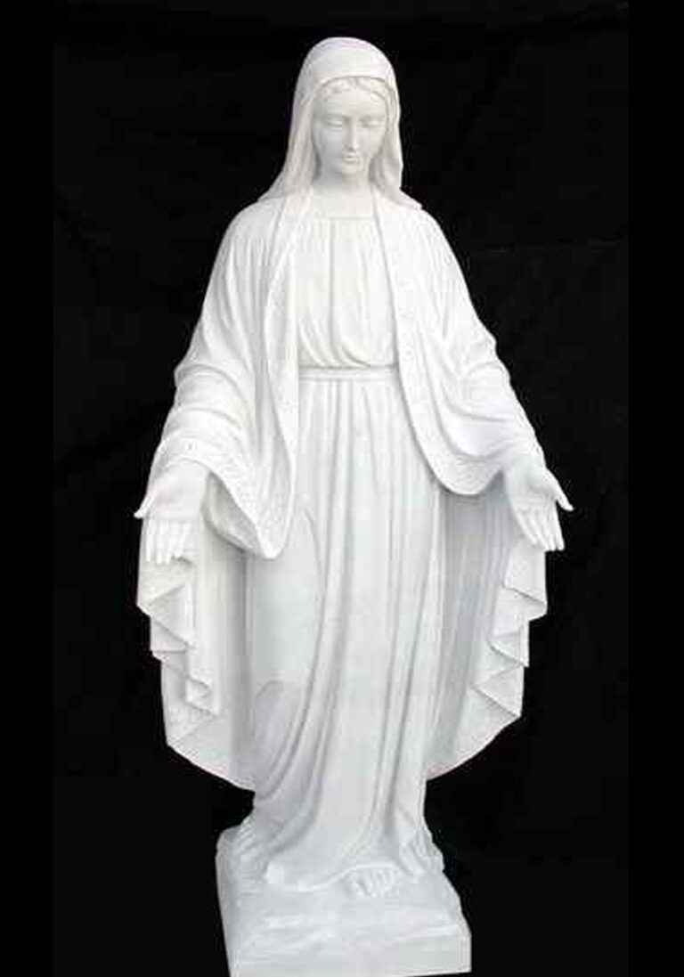 A white marble statue of Mary with outstretched arms and flowing robes, exuding serenity and grace, displayed against a black background.