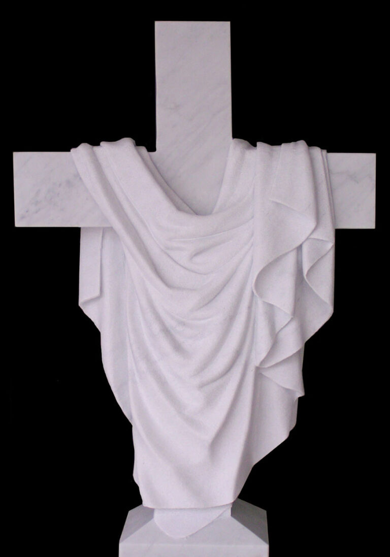 A white marble cross draped with flowing cloth, symbolizing faith and purity, presented against a black background.