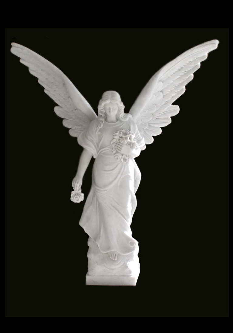 A detailed white marble angel statue with outstretched wings, holding a bouquet of flowers and a single rose, exuding grace and tranquility, displayed against a black background.