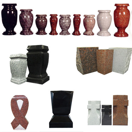 A collection of granite memorial products, including urns, vases, blocks, ribbons, and crosses, in a variety of shapes and colors, showcasing polished craftsmanship.