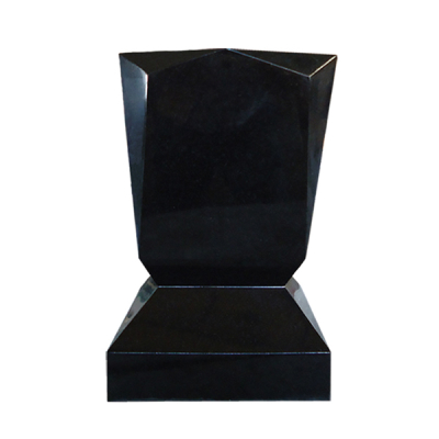 A sleek black granite headstone with a modern, faceted design, featuring a polished finish.