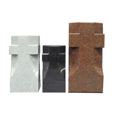 Three cross-shaped granite memorials in gray, black, and red, showcasing different colors and finishes.