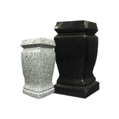 Two granite vases in gray and black, featuring a classic, polished design, ideal for memorial arrangements.