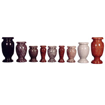 A lineup of granite urns in various sizes and colors, including black, red, and gray, with polished finishes for memorial purposes.